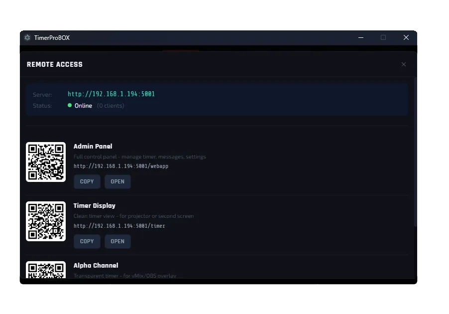 Control web remoto responsivo de TimerProBOX en una tableta