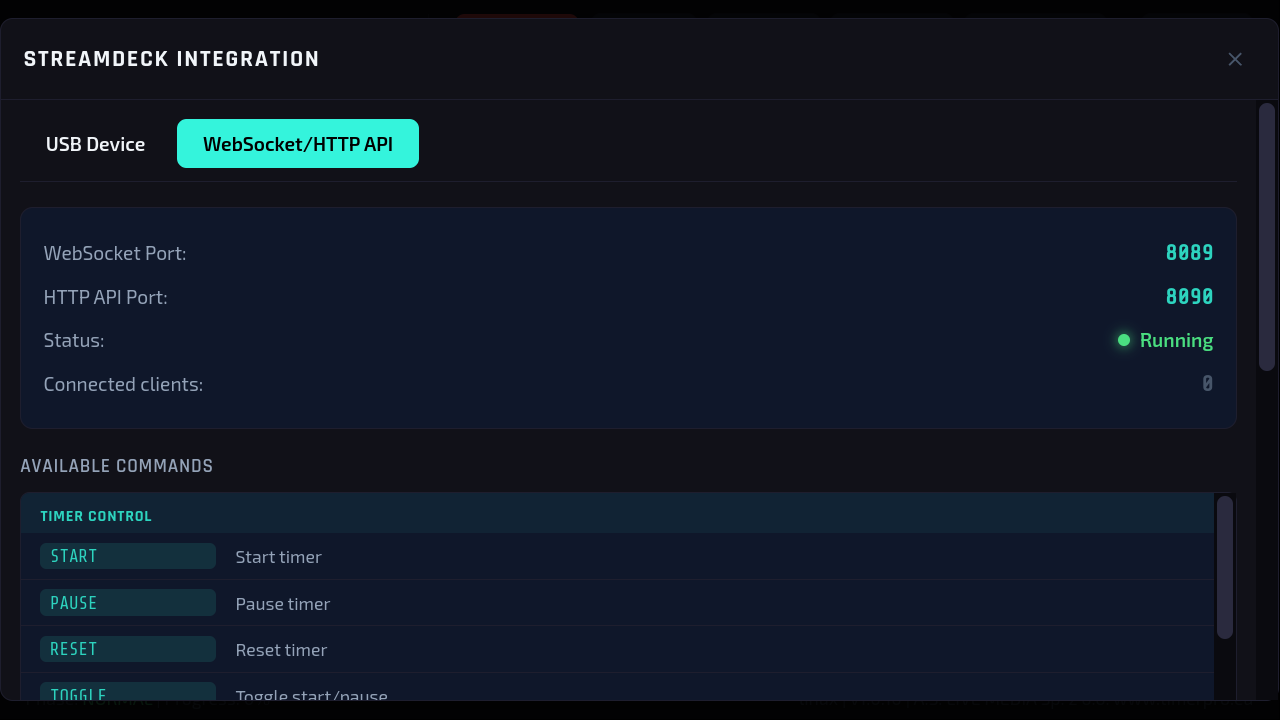 Zakładka WebSocket i HTTP API