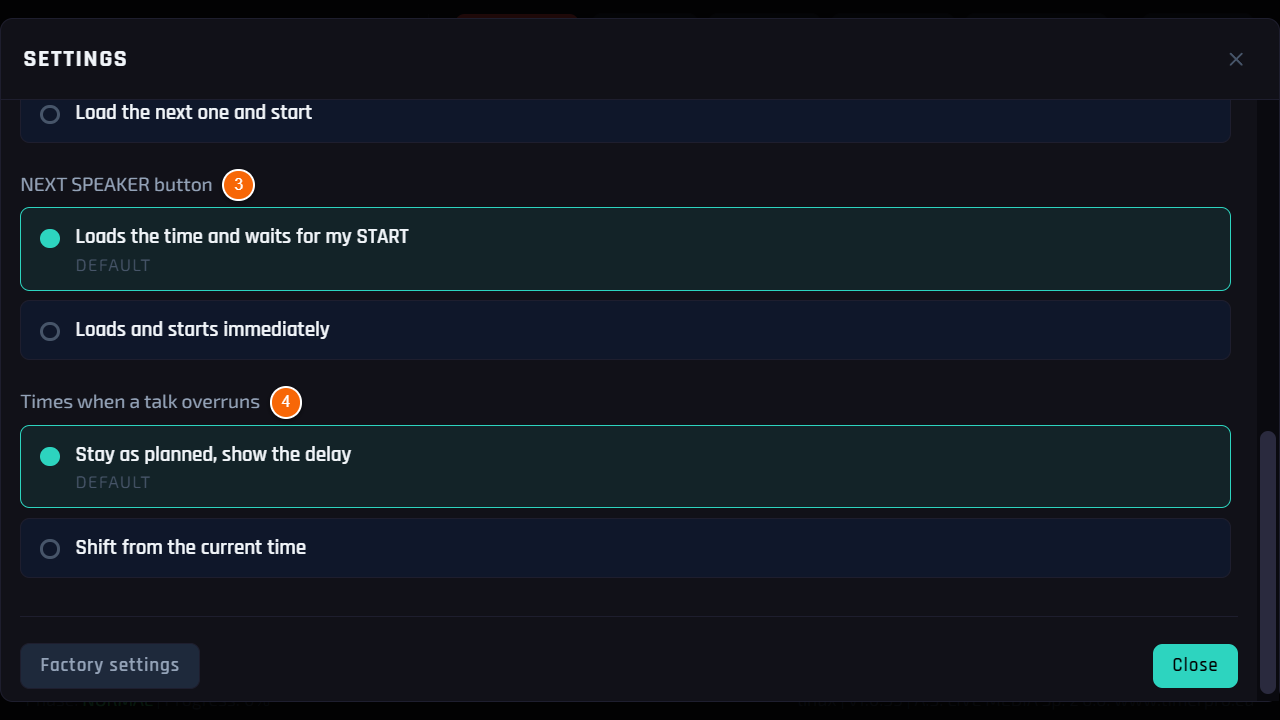 Programme settings — button and times