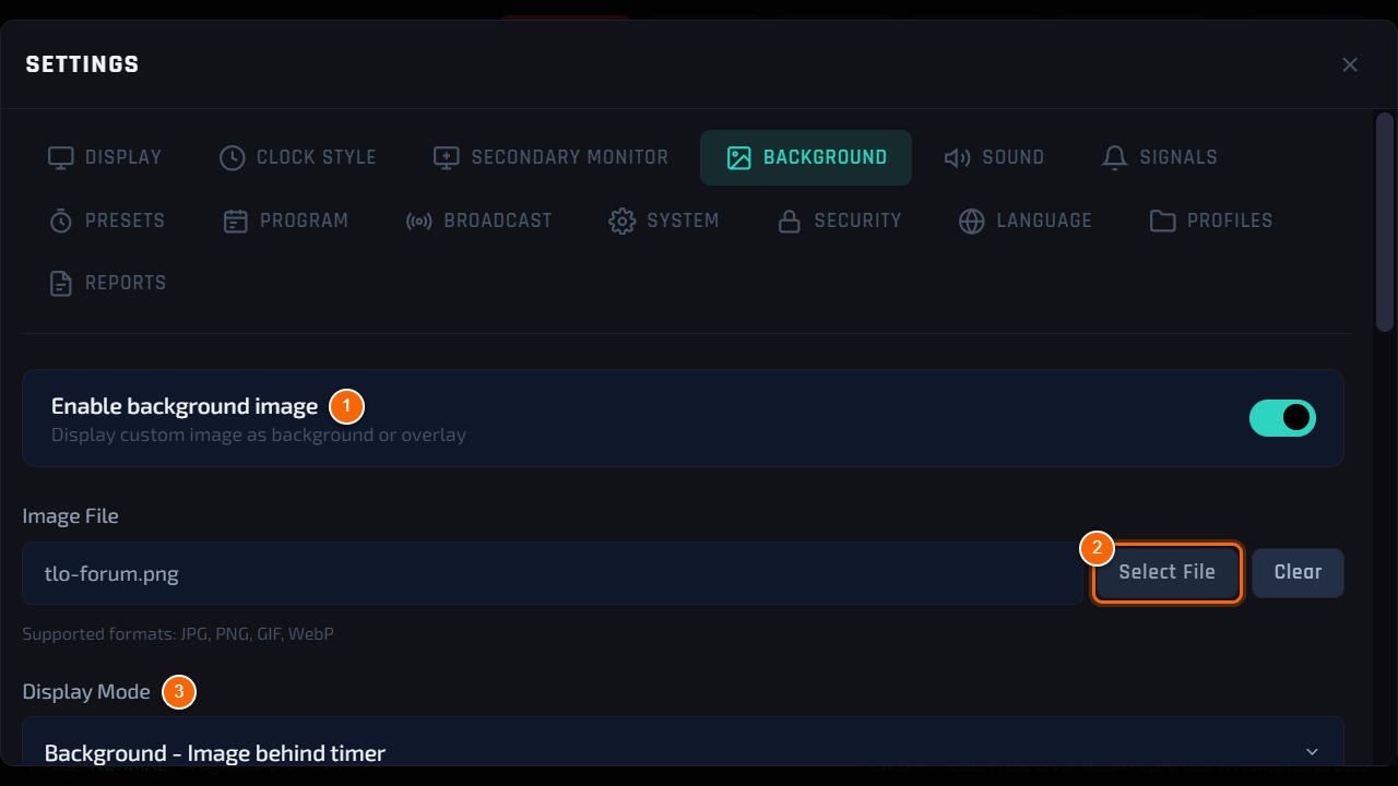 Turning the background on and choosing an image