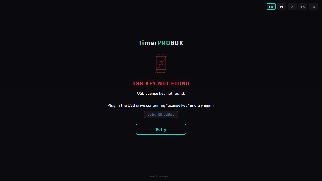 The “No USB key” screen