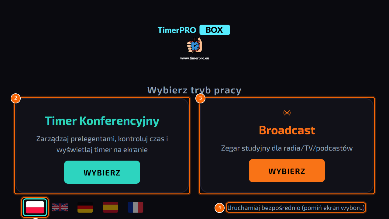Ekran wyboru trybu pracy