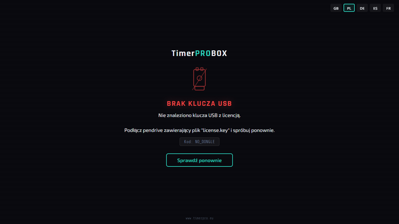 Ekran „Brak klucza USB”